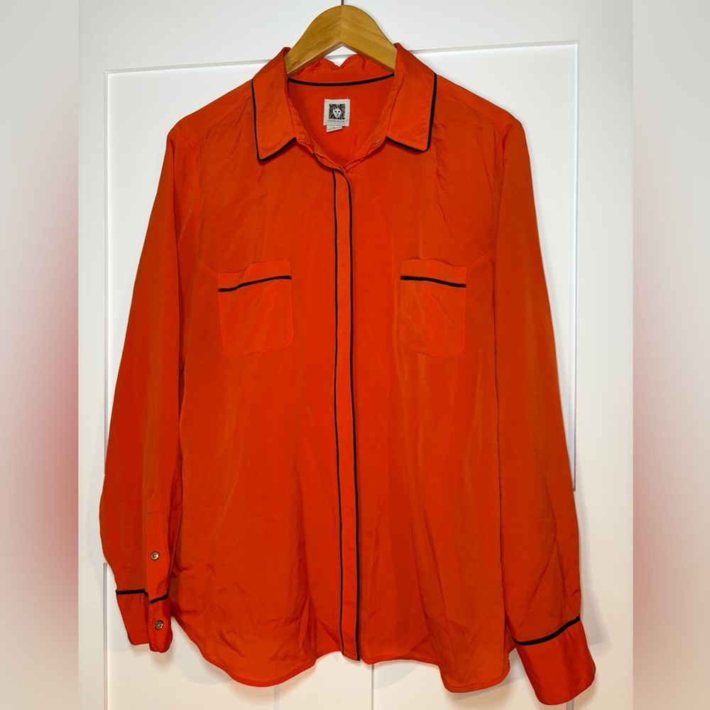 Anne Klein Orange Button Down Blouse Navy Piping Chest Pockets XL Long Sleeve